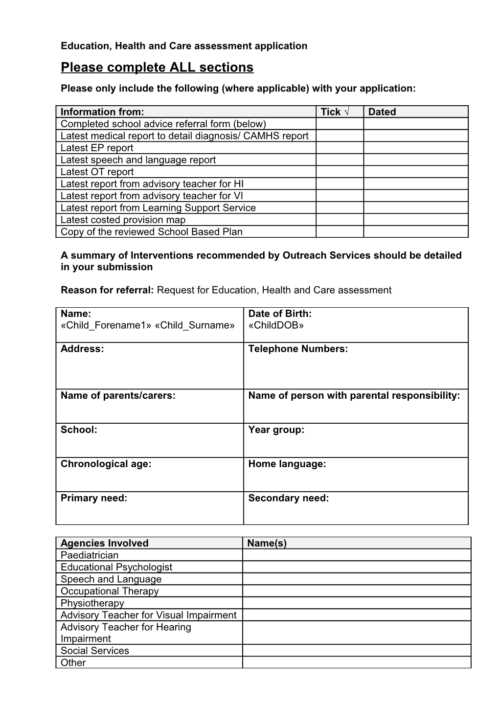 Education, Health and Care Assessment Application