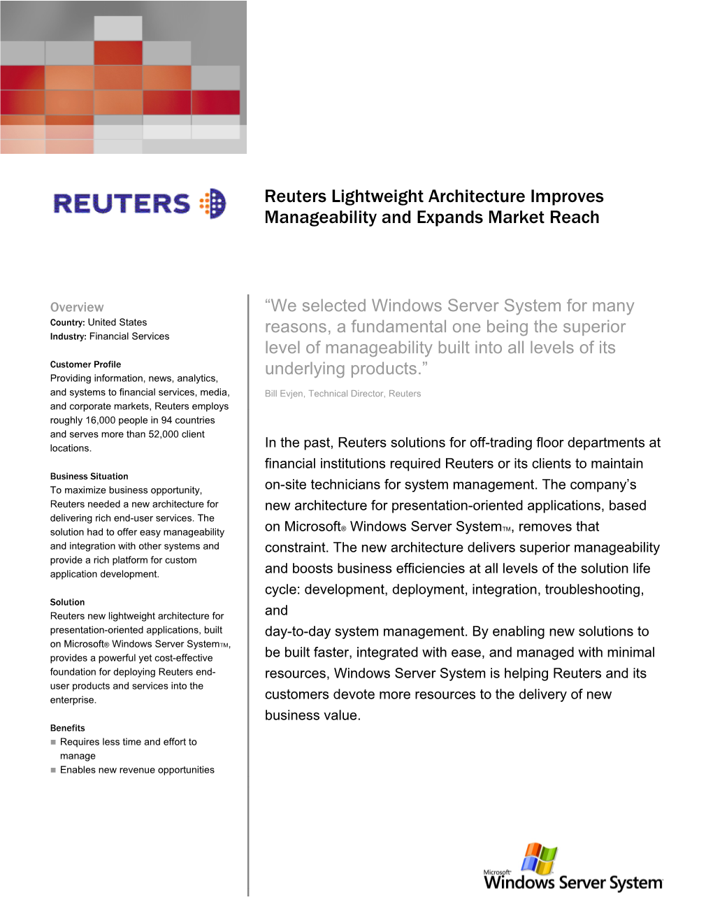 Reuters' New Product Delivery Architecture Improves Manageability and Expands Revenue