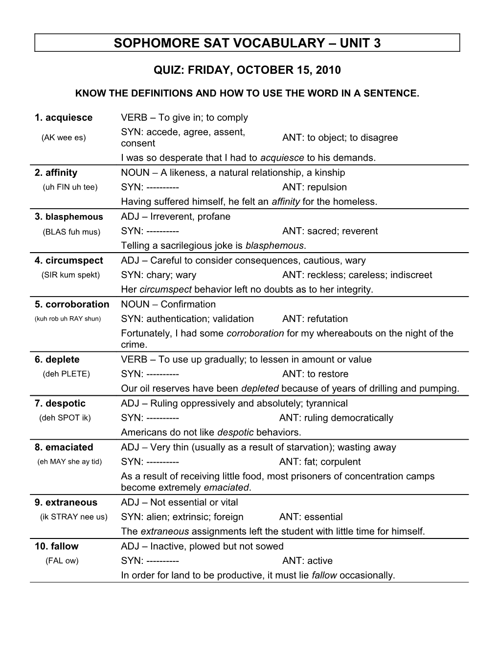 Sat Vocabulary Unit 1