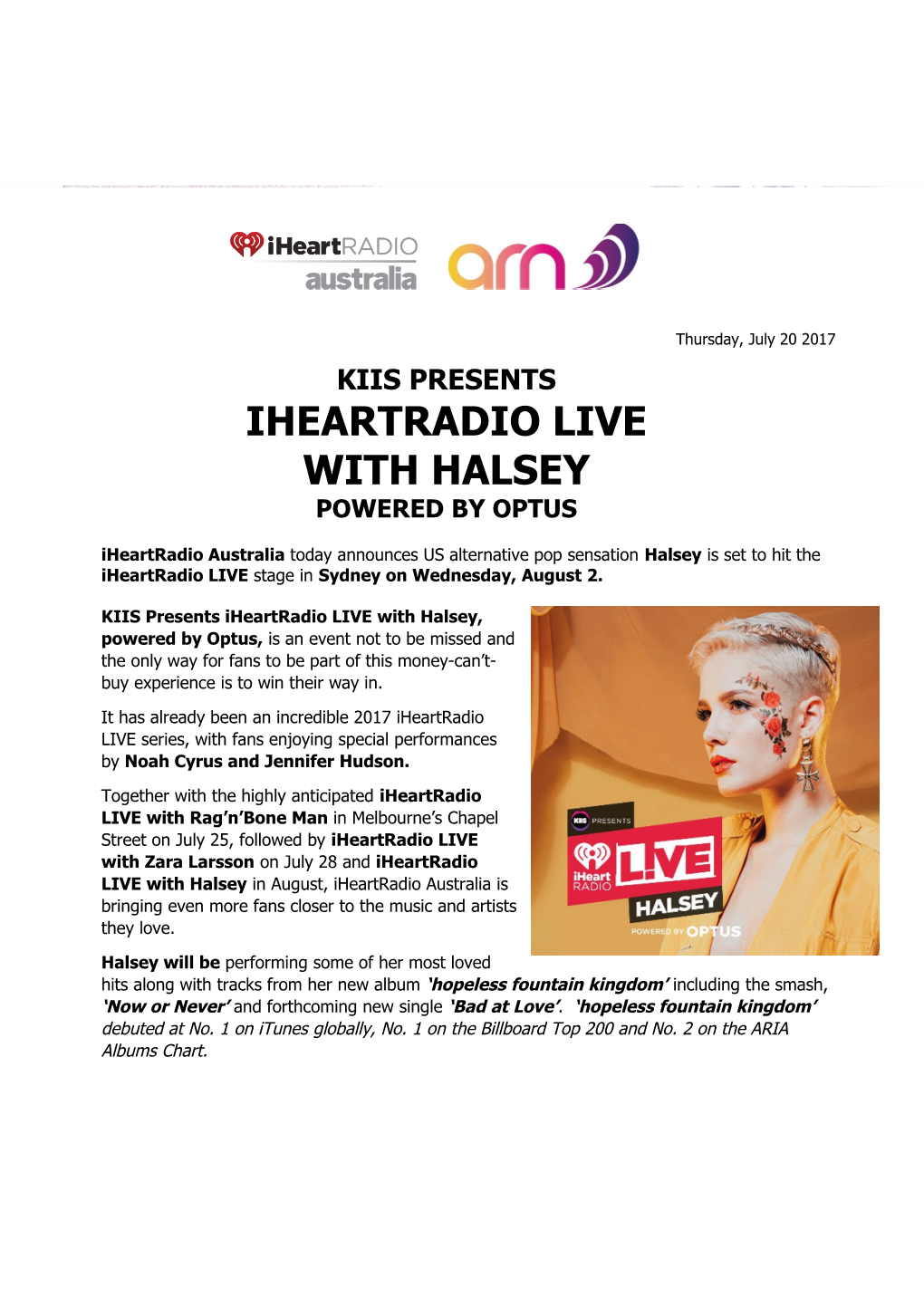 Iheartradio Live with Halsey Powered by Optus