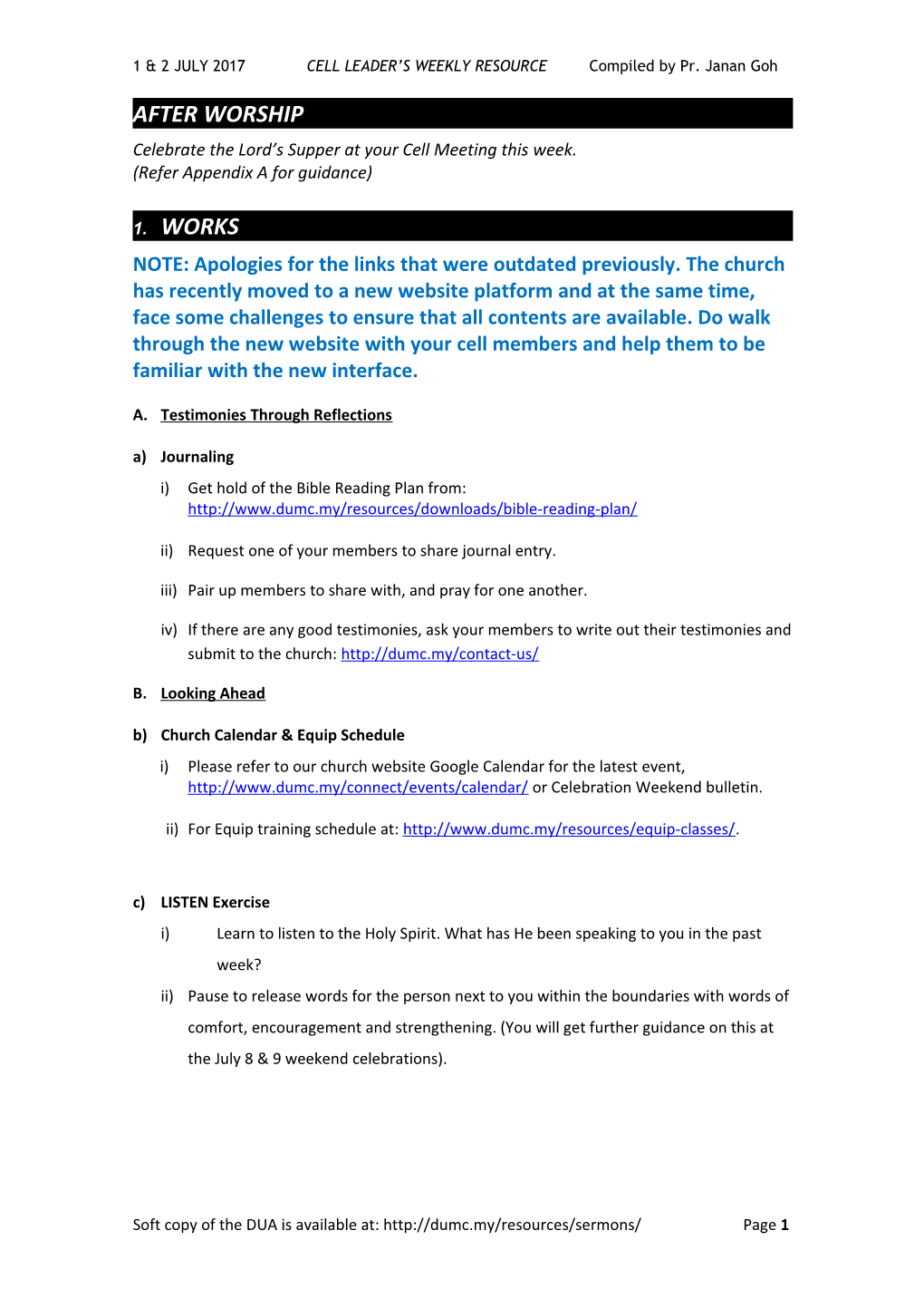 1 & 2JULY 2017 CELL LEADER S WEEKLY RESOURCE Compiled by Pr. Janan Goh