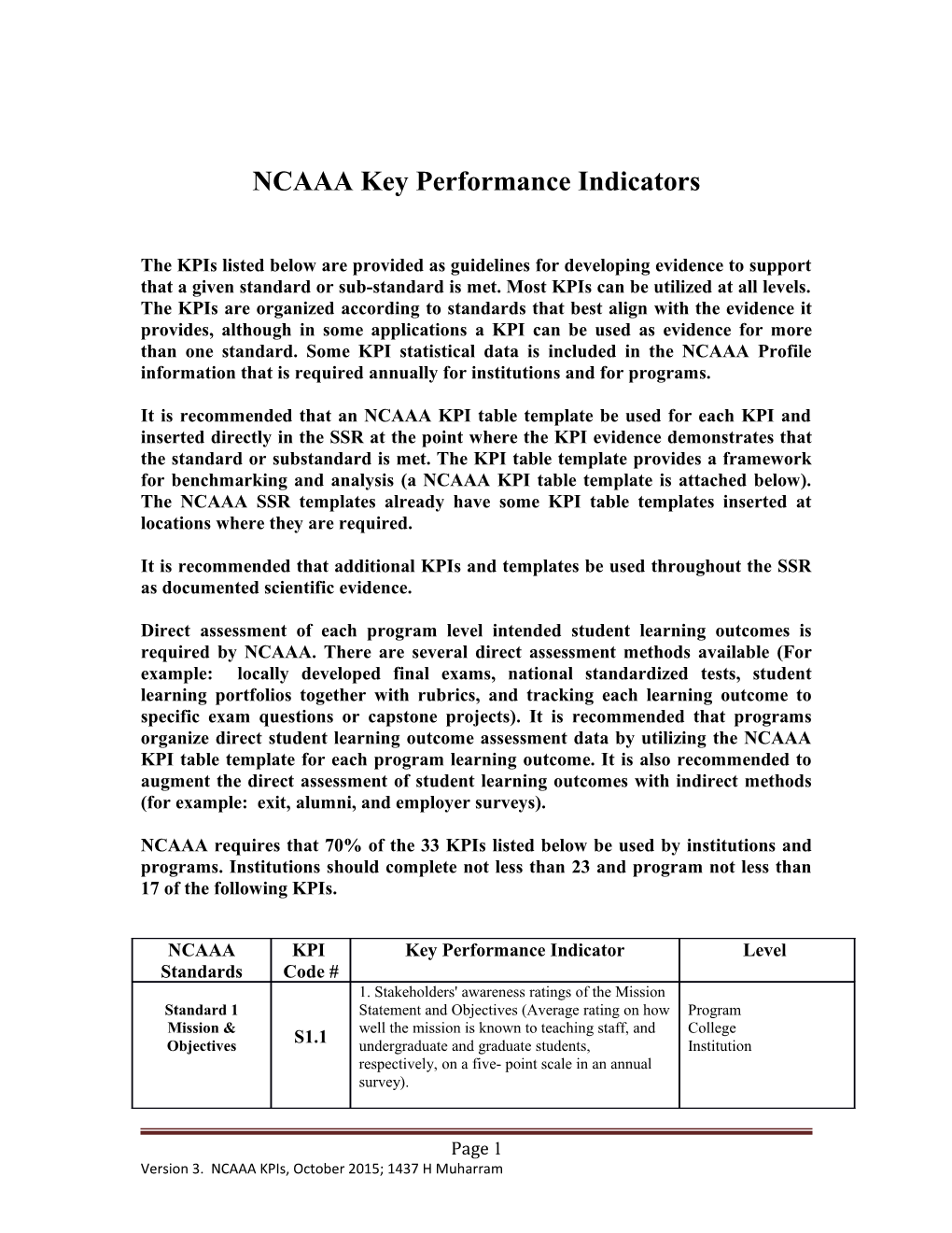 NCAAA Key Performance Indicators