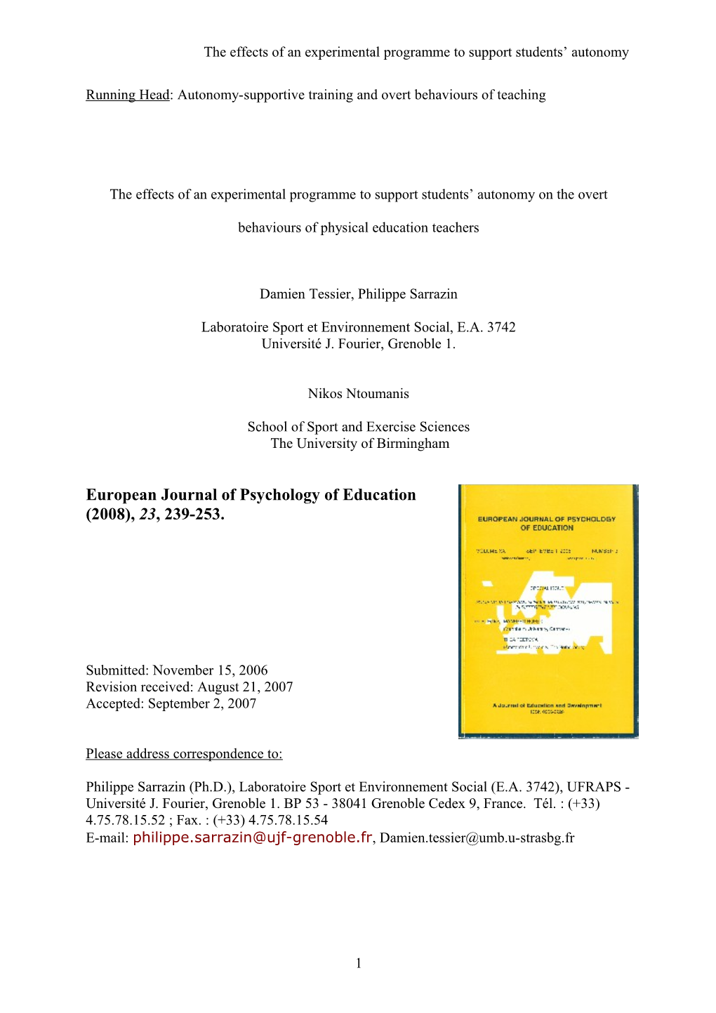 Running Head: Autonomy Supportive Behaviors of PE Teacher