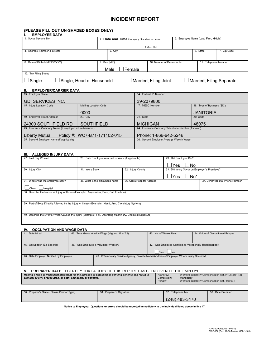 Please Fill out Un-Shaded Boxes Only