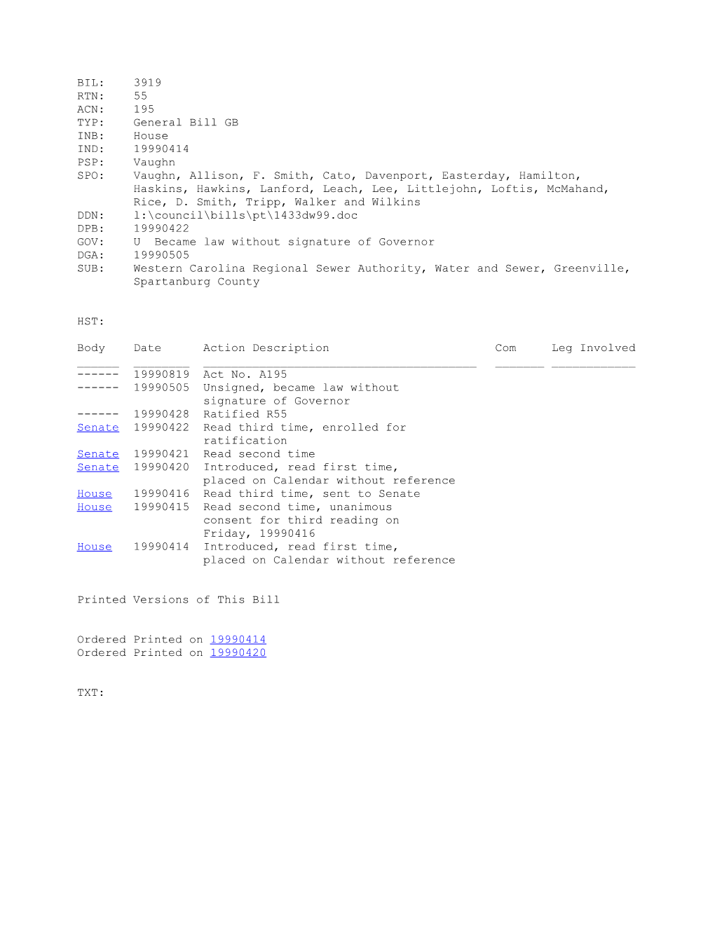 1999-2000 Bill 3919: Western Carolina Regional Sewer Authority, Water and Sewer, Greenville