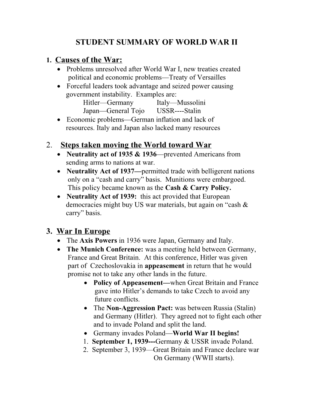 World War Ii Summary of Key Information