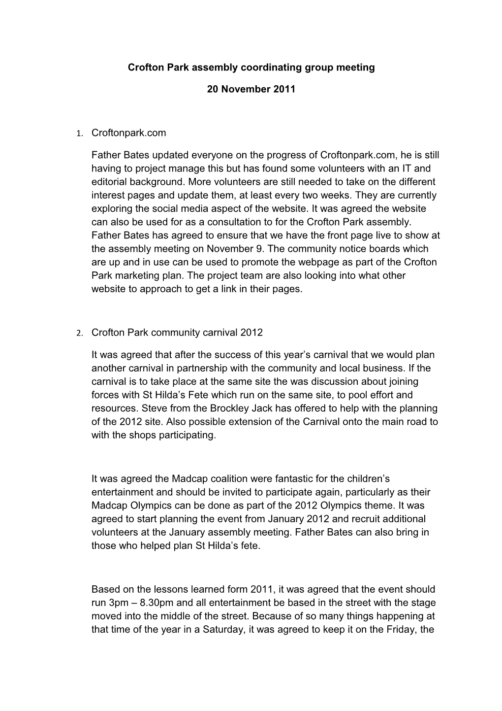Crofton Park Assembly Coordinating Group 20 November 2011