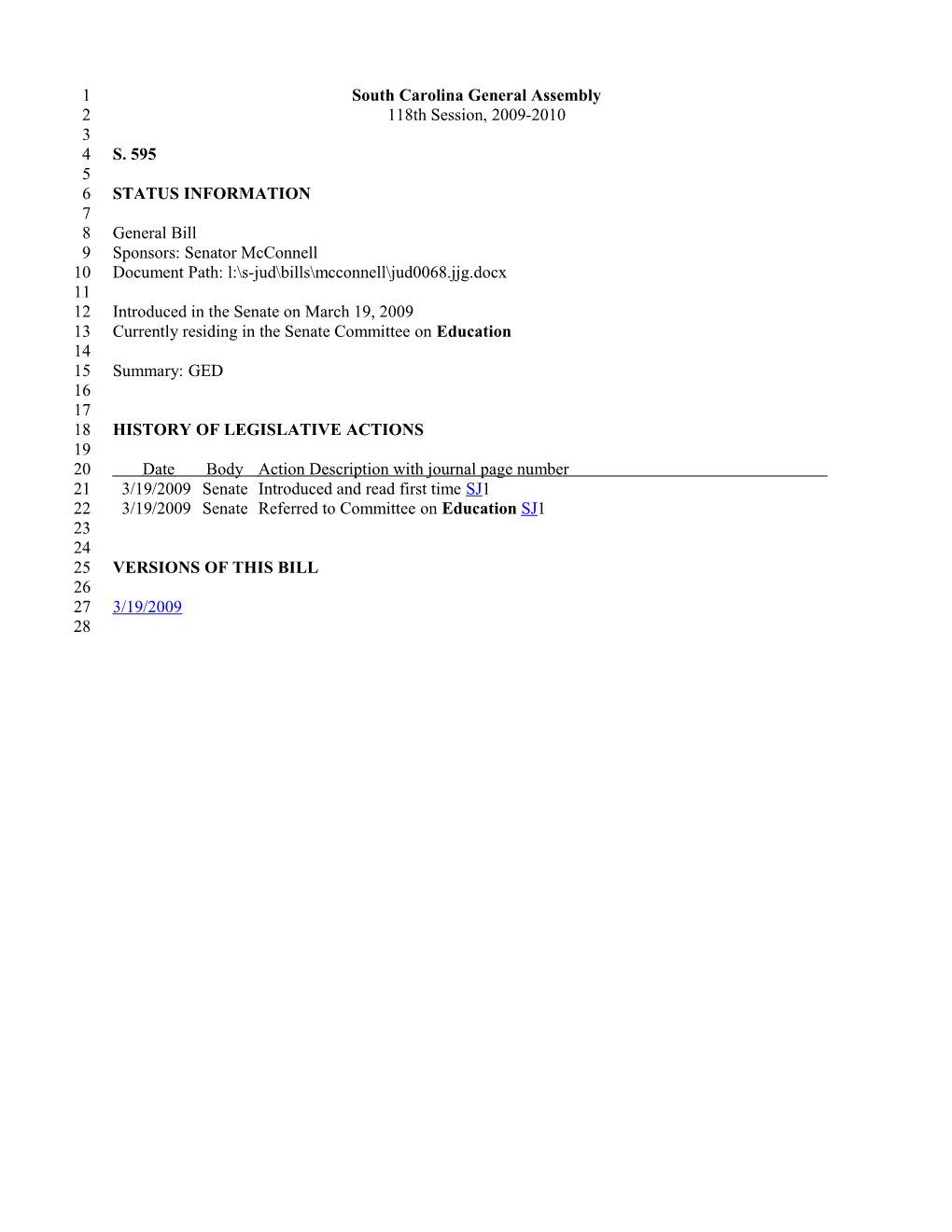 2009-2010 Bill 595: GED - South Carolina Legislature Online