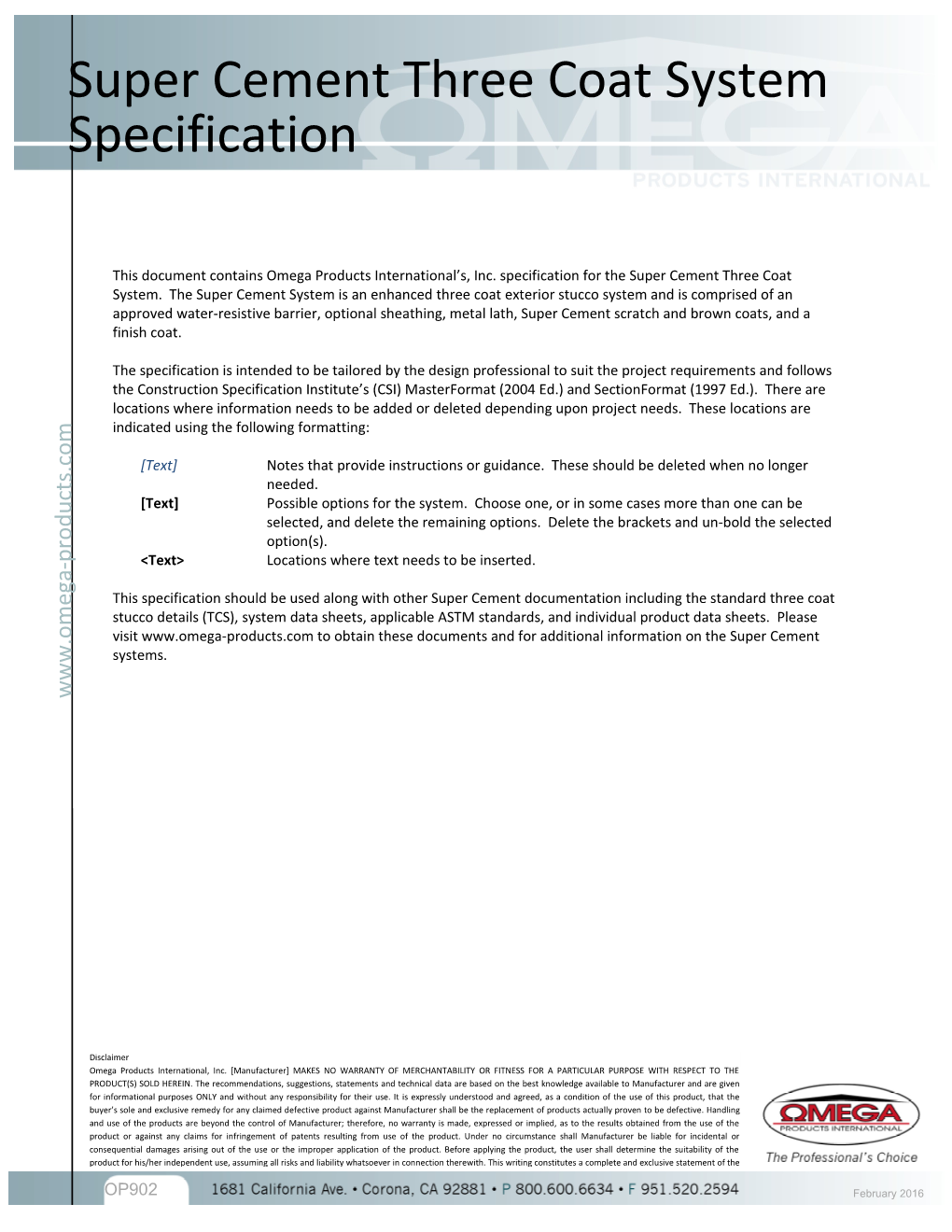 This Document Contains Omega Products International S, Inc. Specification for the Super