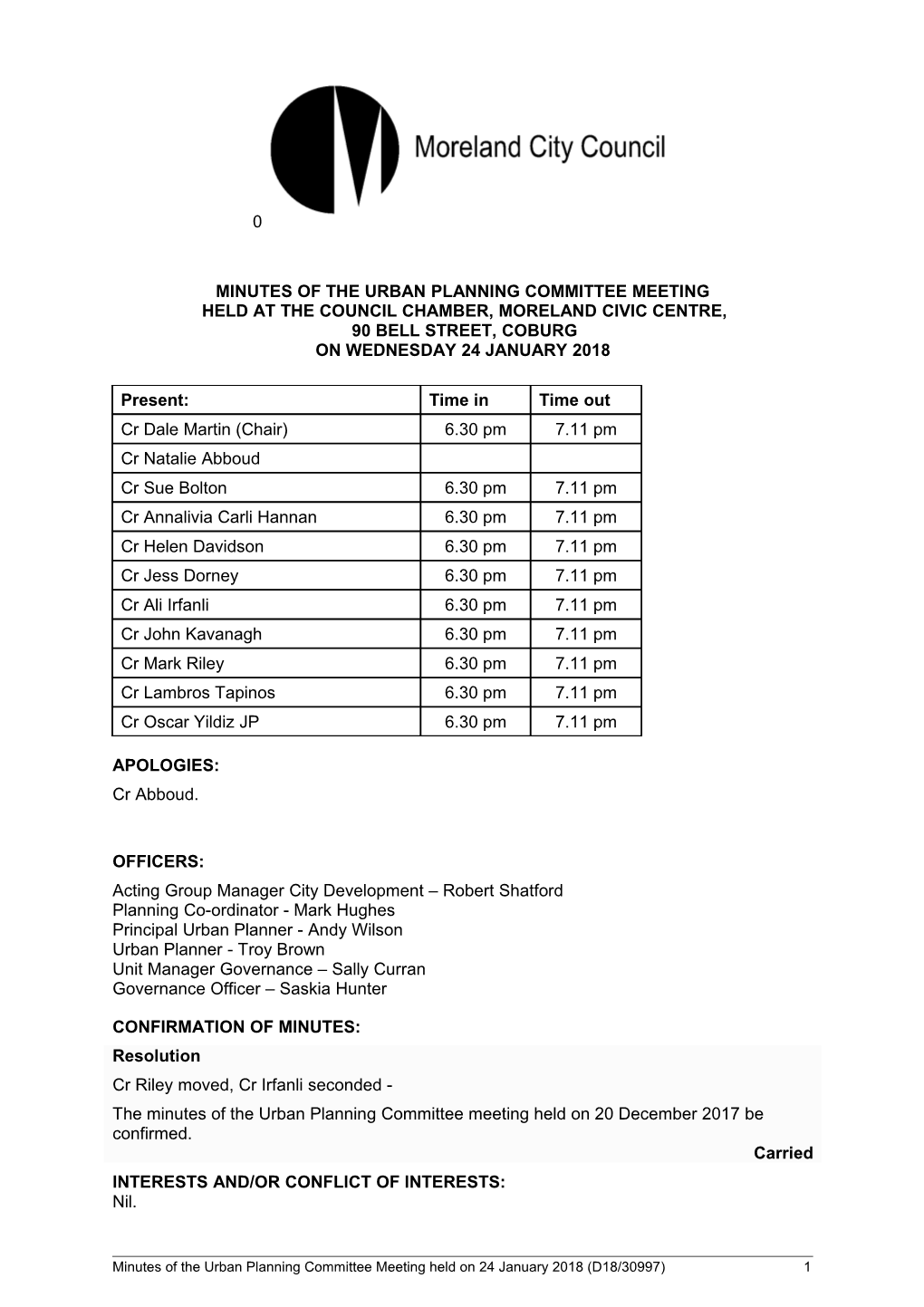 Minutes of Urban Planning Committee Meeting - 24 January 2018