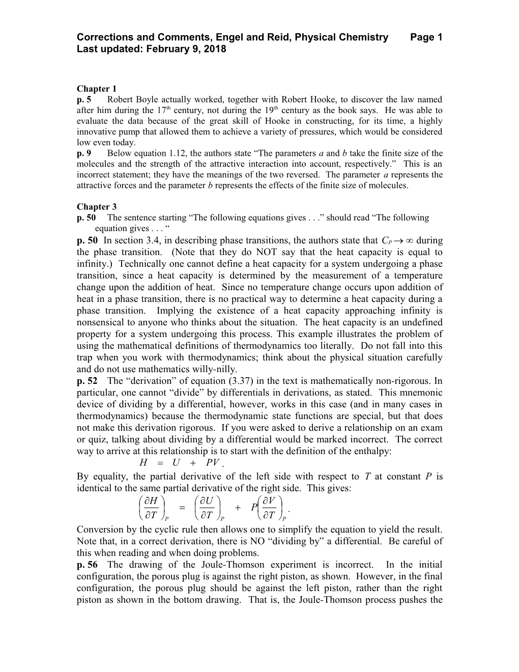 Corrections to Noggle, Physical Chemistry, 3Rd Edition, 1St Printing