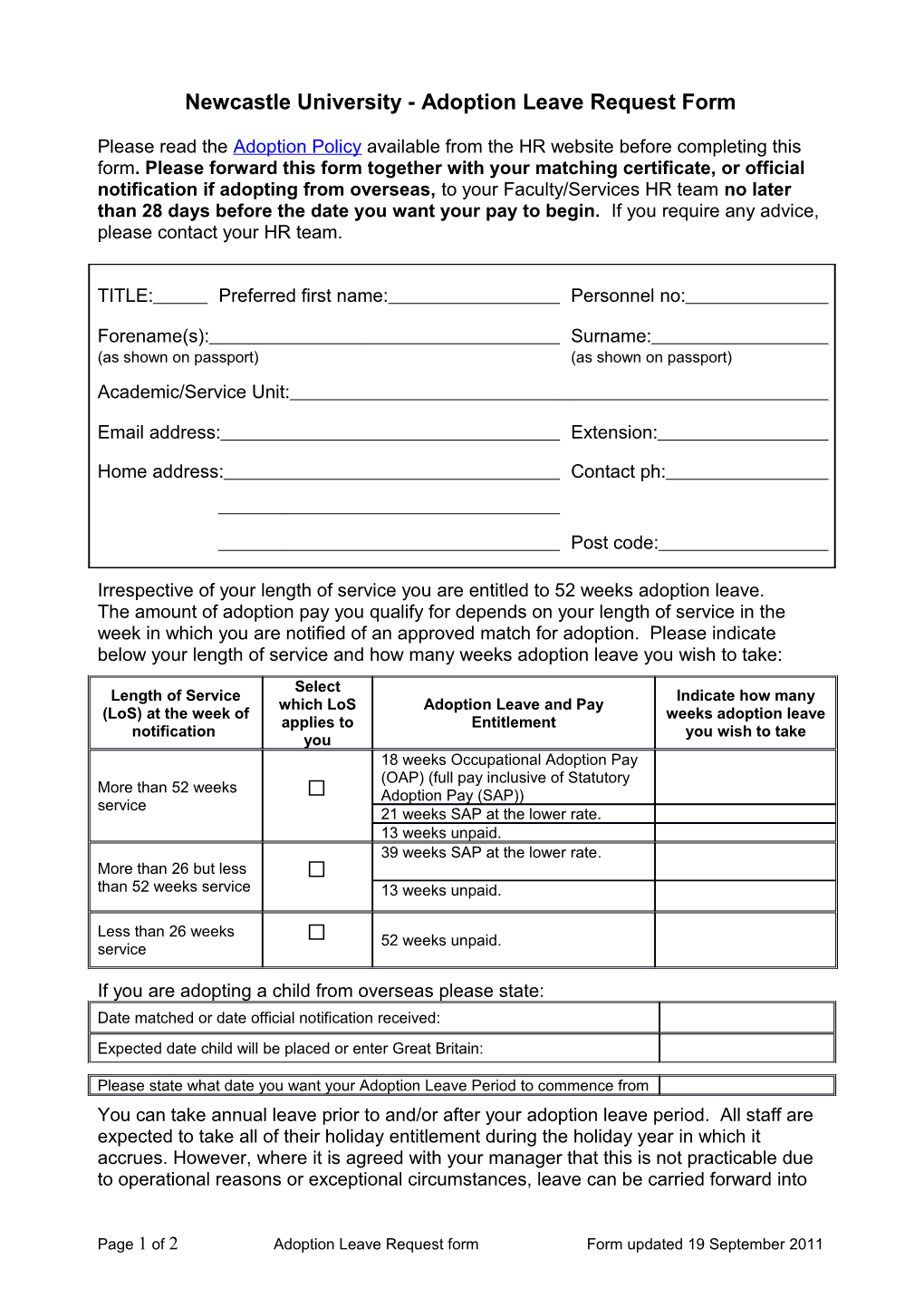 Newcastle University - Adoption Leave Request Form