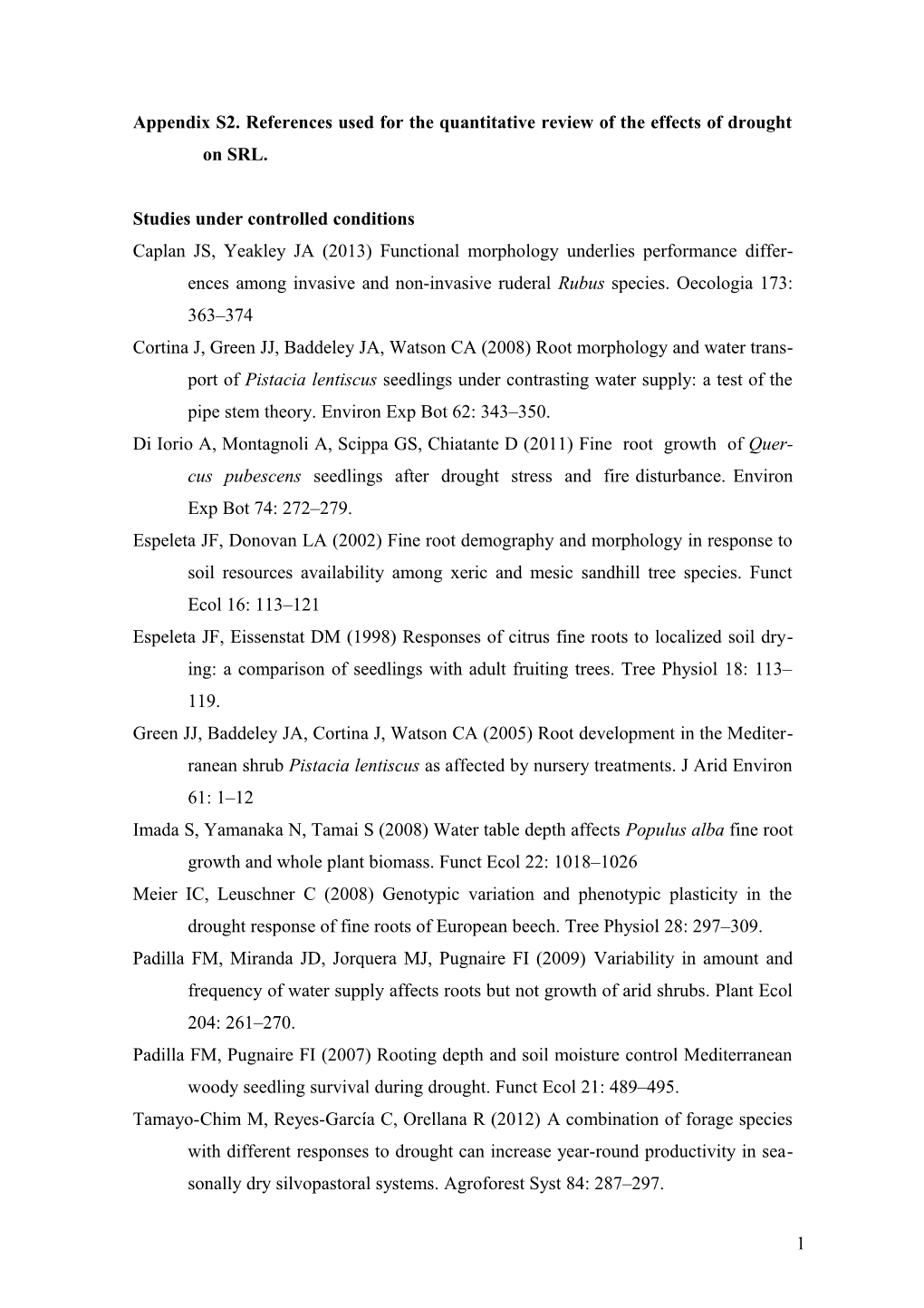 Appendix S2. References Used for the Quantitative Review of the Effects of Drought on SRL