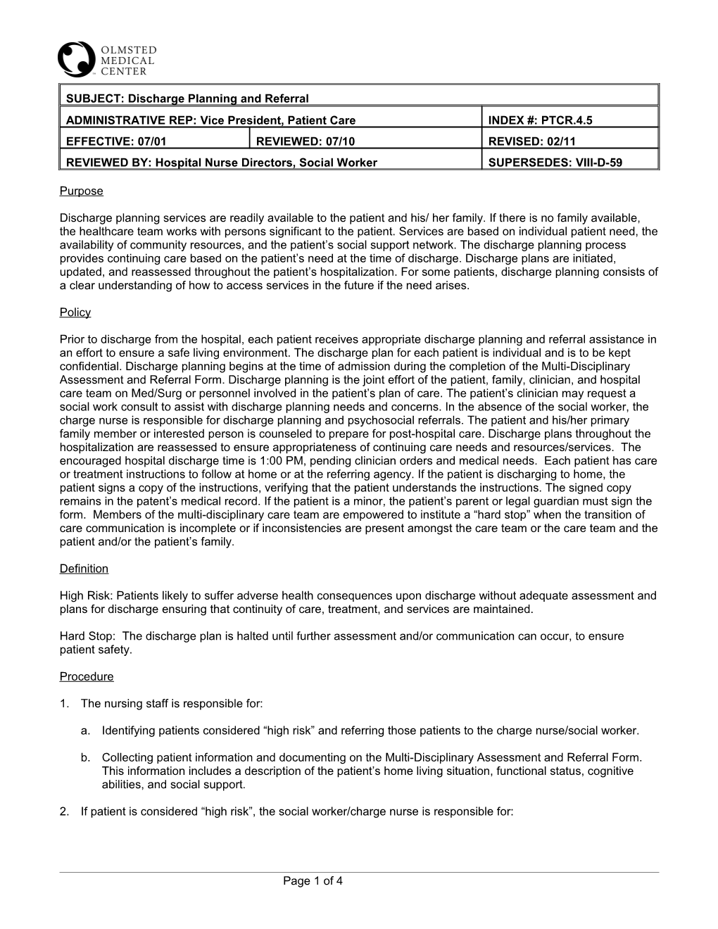 OMC Policy # PTCR.4.5