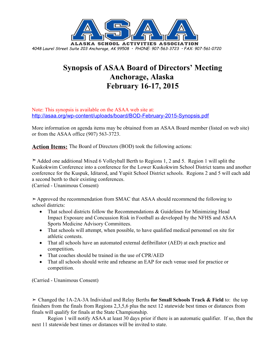 Synopsis of ASAA Board of Directors Meeting