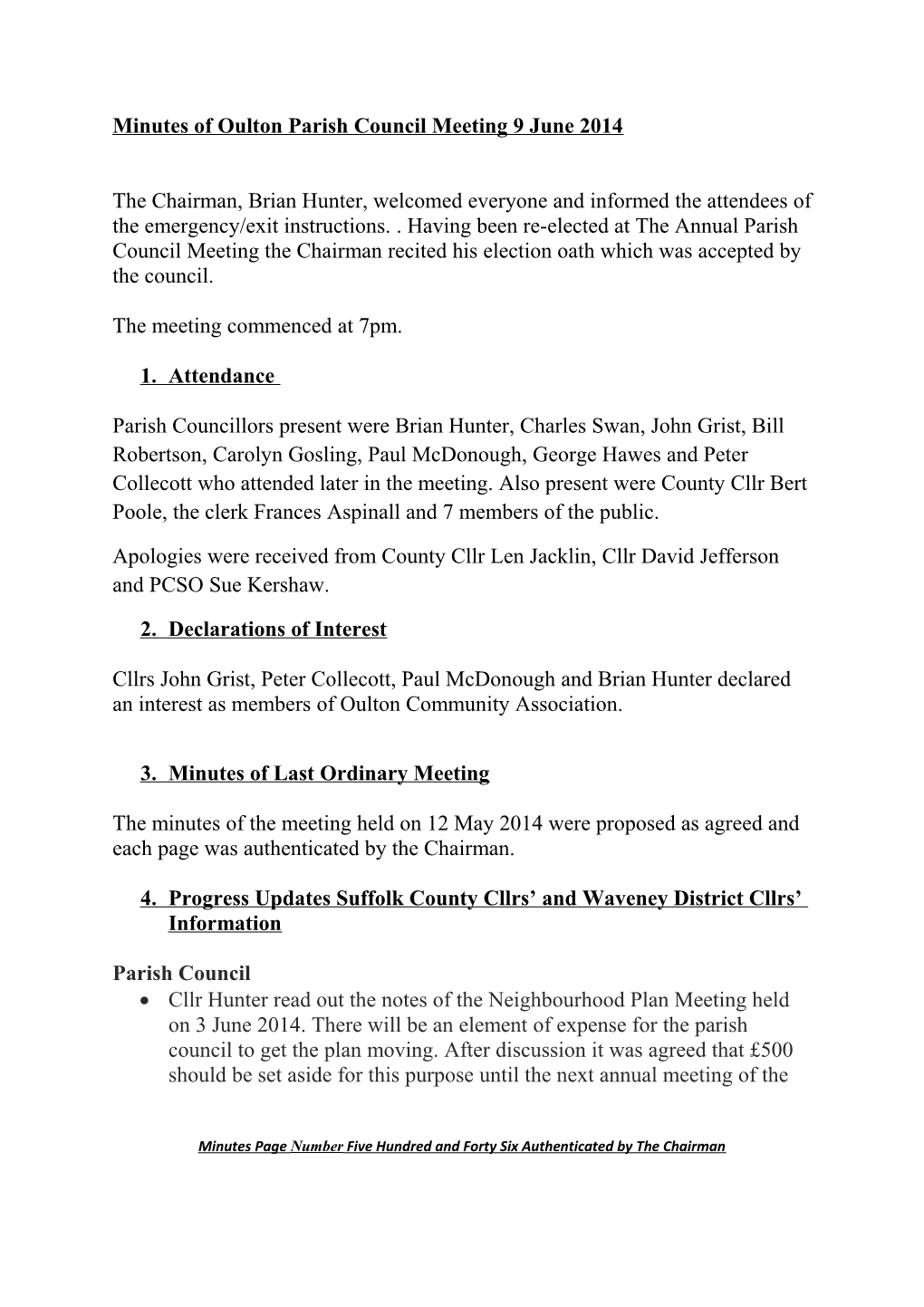 Minutes of Oulton Parish Council Meeting 9 June 2014