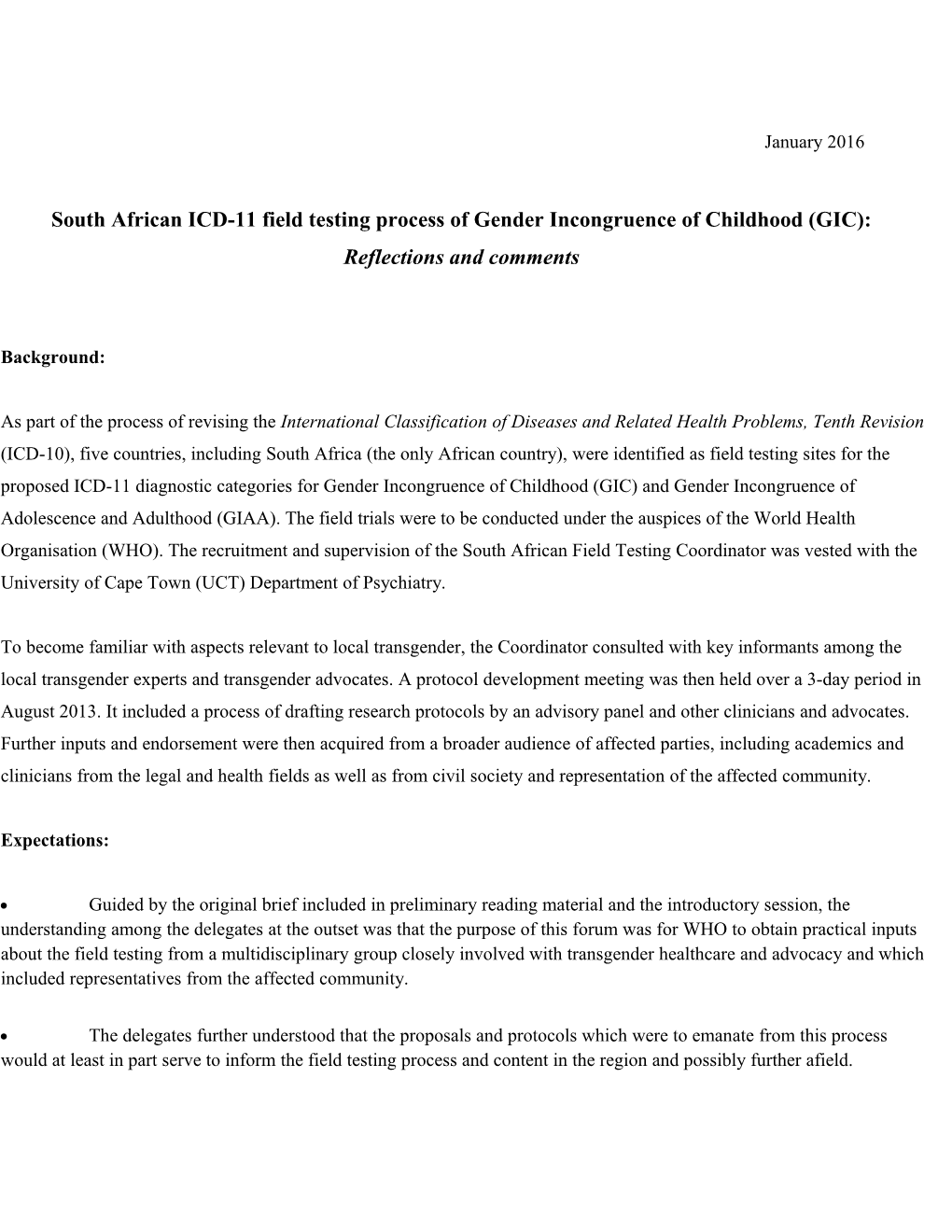 South African ICD-11 Field Testing Process of Gender Incongruence of Childhood (GIC)