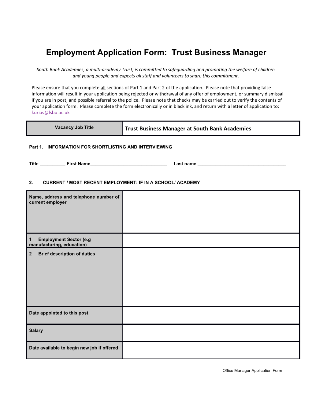 Application for Support Staff