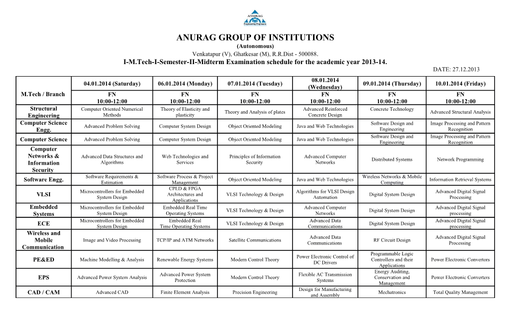 I-M.Tech-I-Semester-II-Midterm Examination Schedule for the Academic Year 2013-14