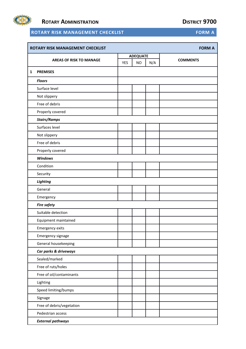 Rotary Risk Management Checklistform A