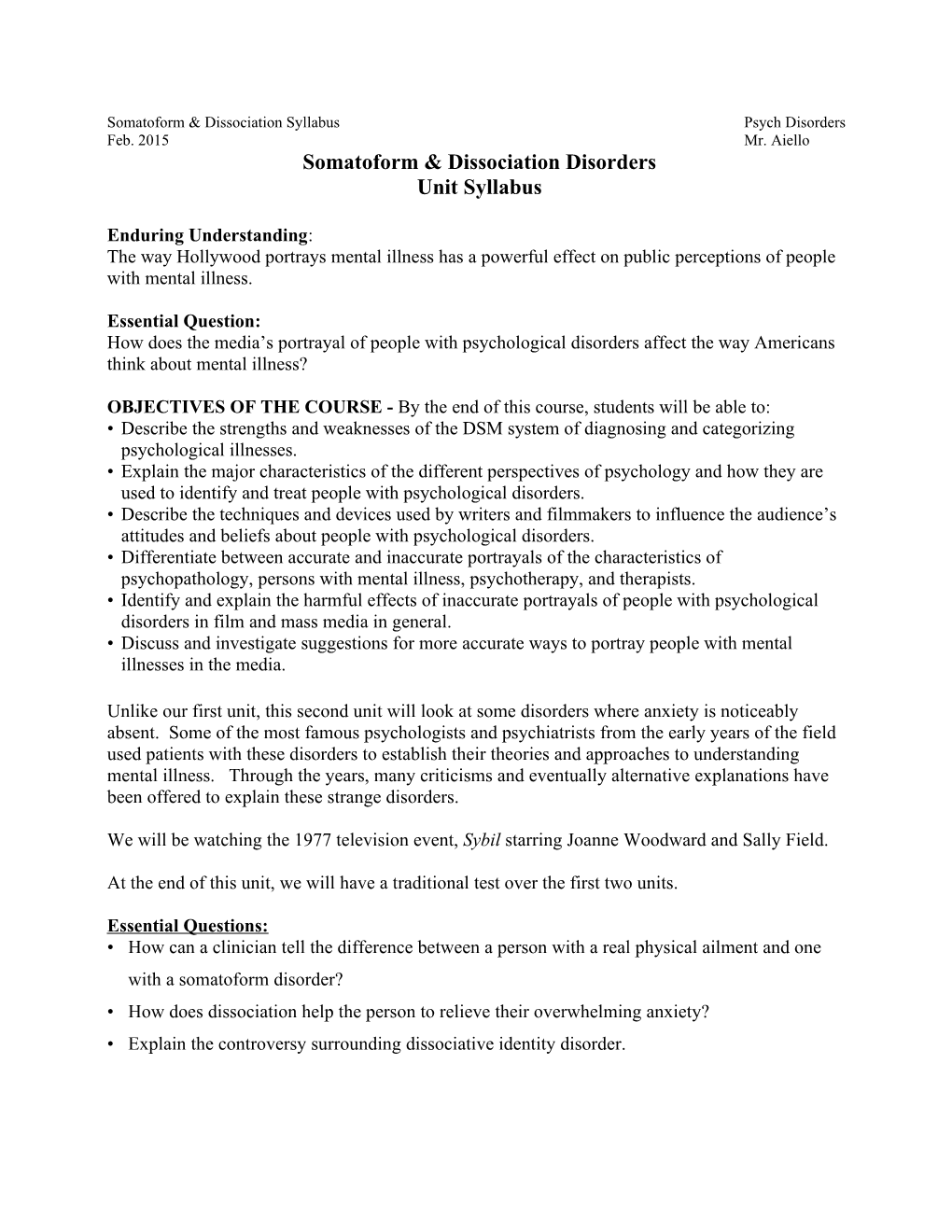 Somatoform & Dissociation Syllabuspsych Disorders