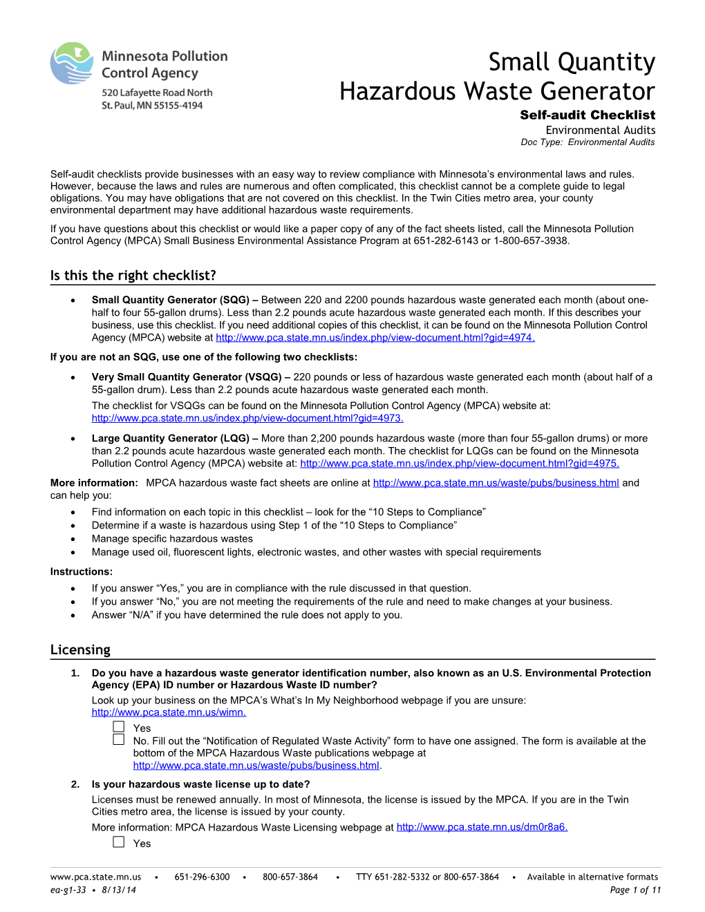 Small Quantity Hazardous Waste Generator Self-Audit Checklist