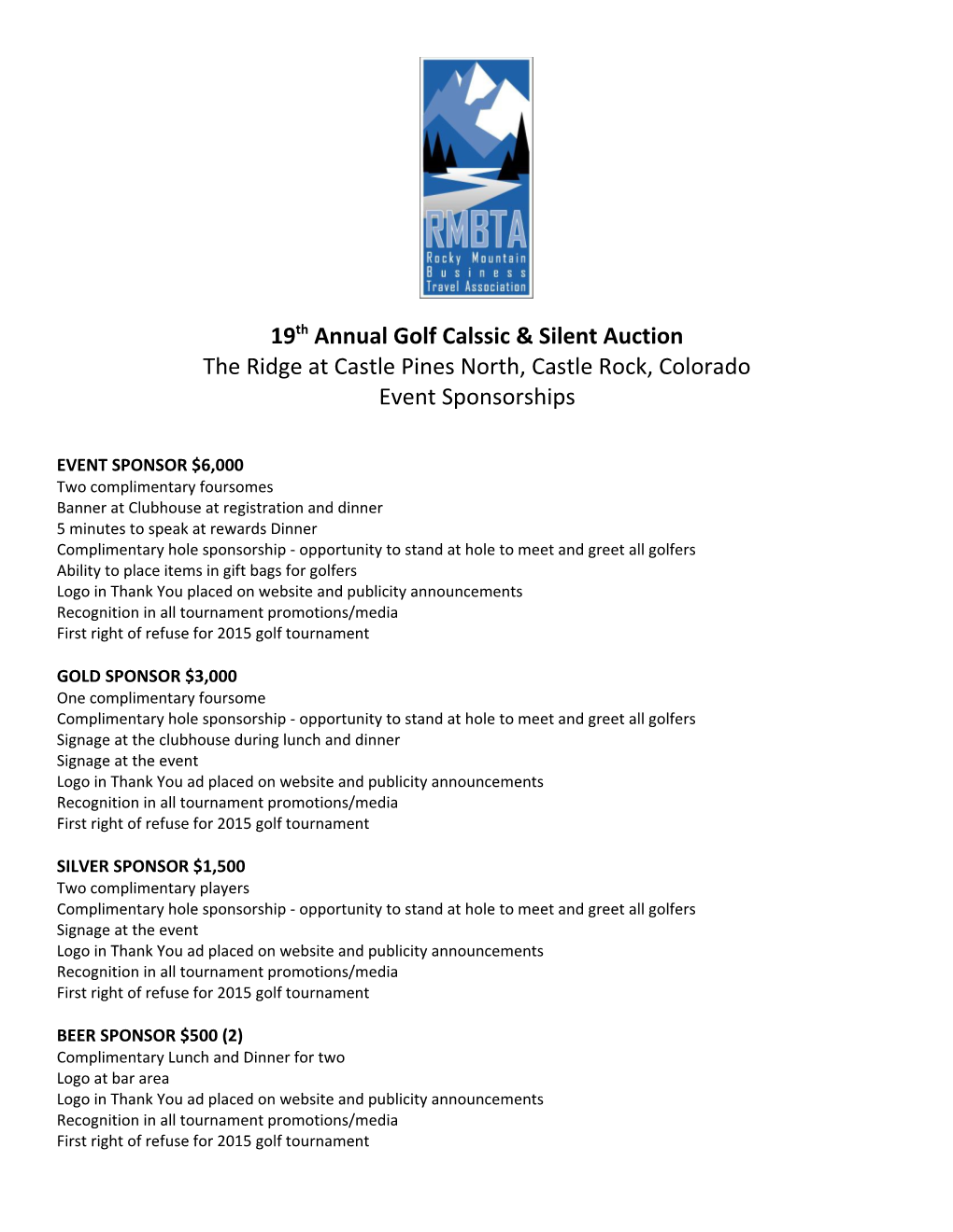 19Th Annual Golf Calssic & Silent Auction