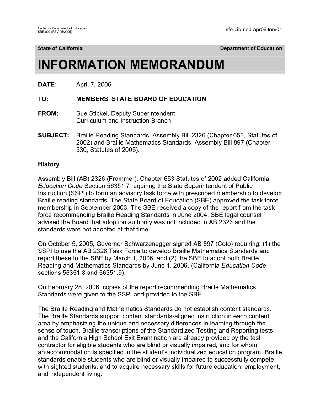 April 2006 SED Item 1 - Information Memorandum (CA State Board of Education)