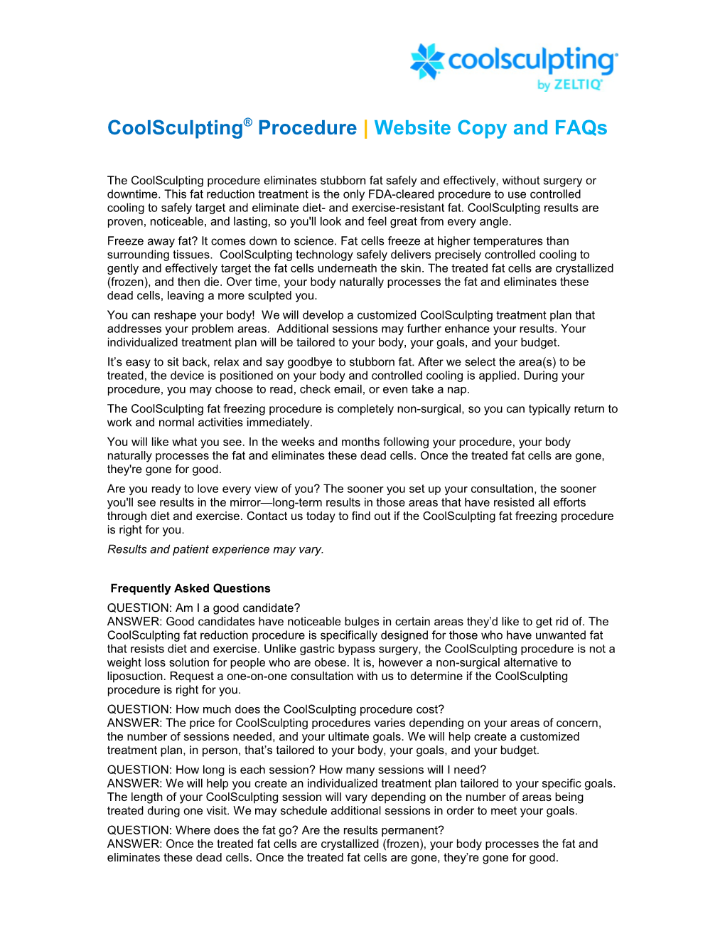 Coolsculpting Procedure Website Copy and Faqs