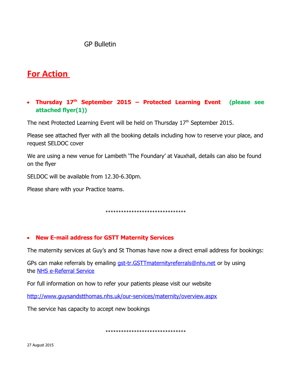 The Next Protected Learning Event Will Be Held on Thursday 17Th September 2015
