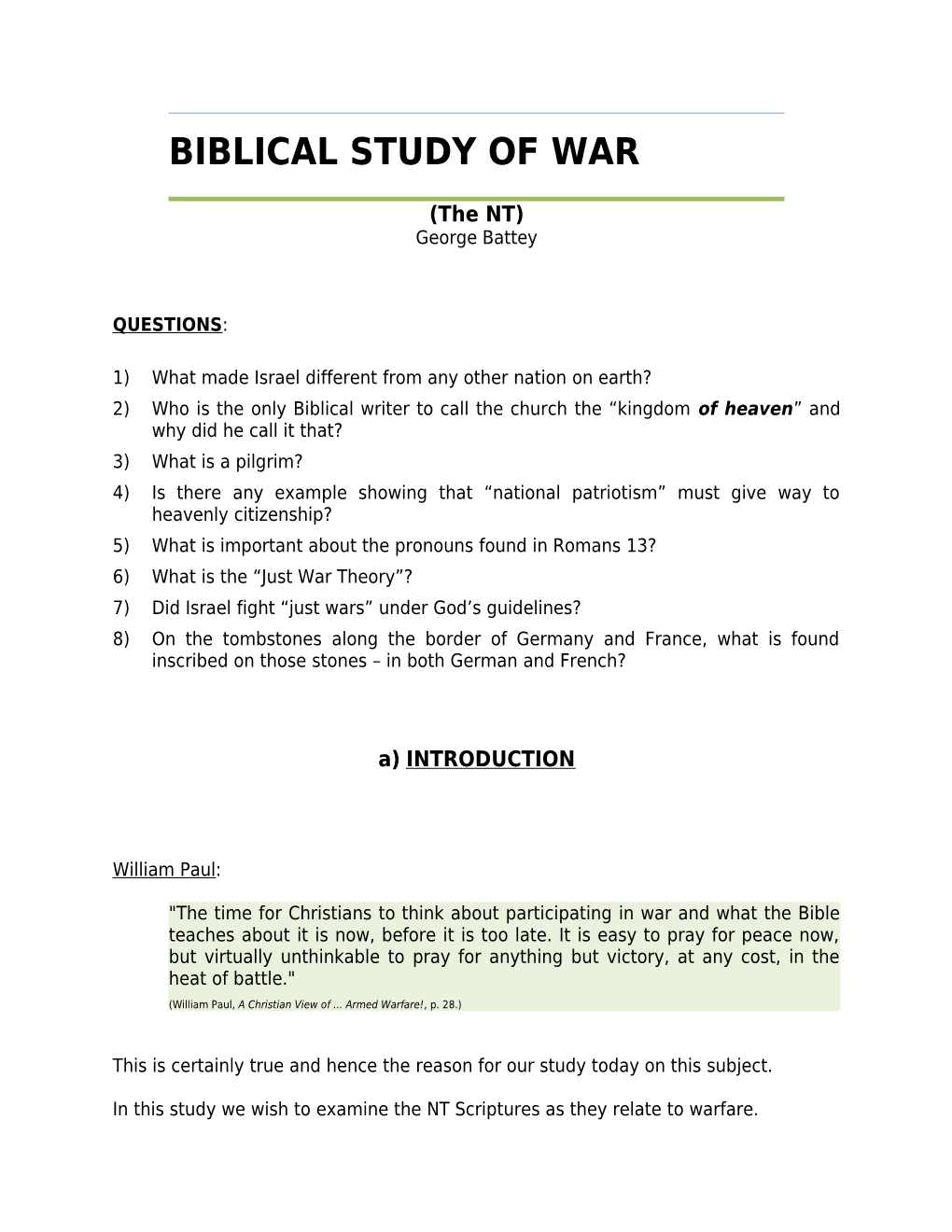 Biblical Study of War