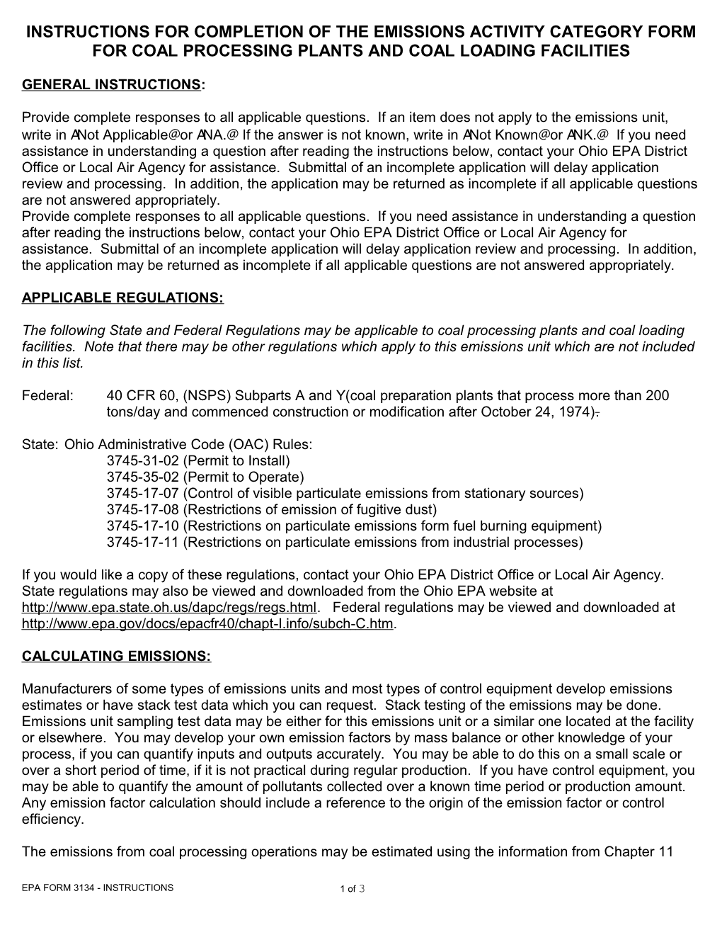 Instructions for Completion of the Emissions Activity Category Form for Coal Processing