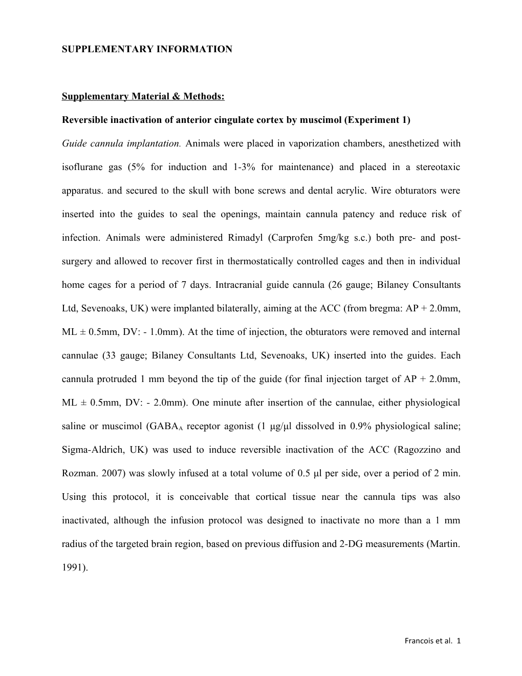 Reversible Inactivation of Anterior Cingulate Cortex by Muscimol (Experiment 1)