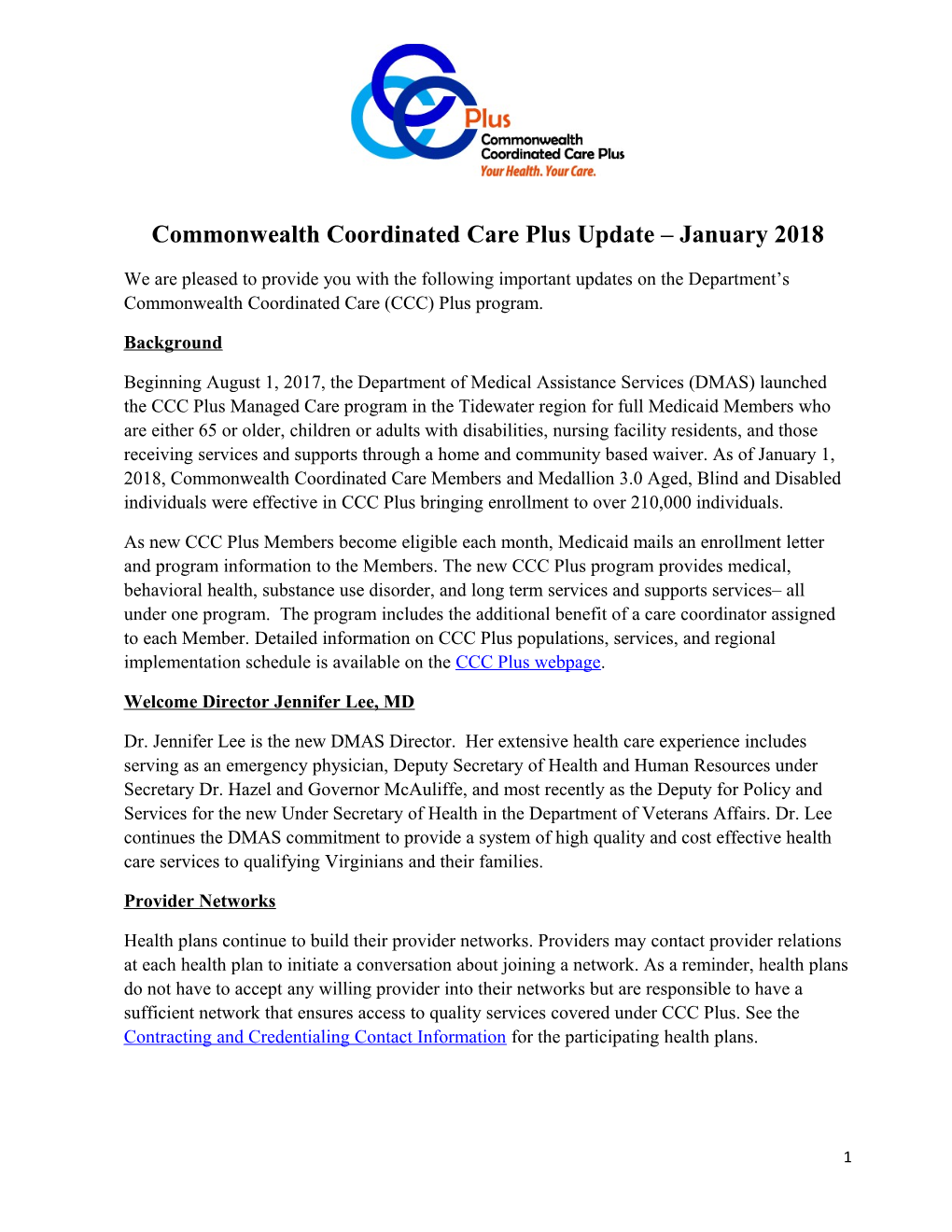 Commonwealth Coordinated Care Plus Update January2018