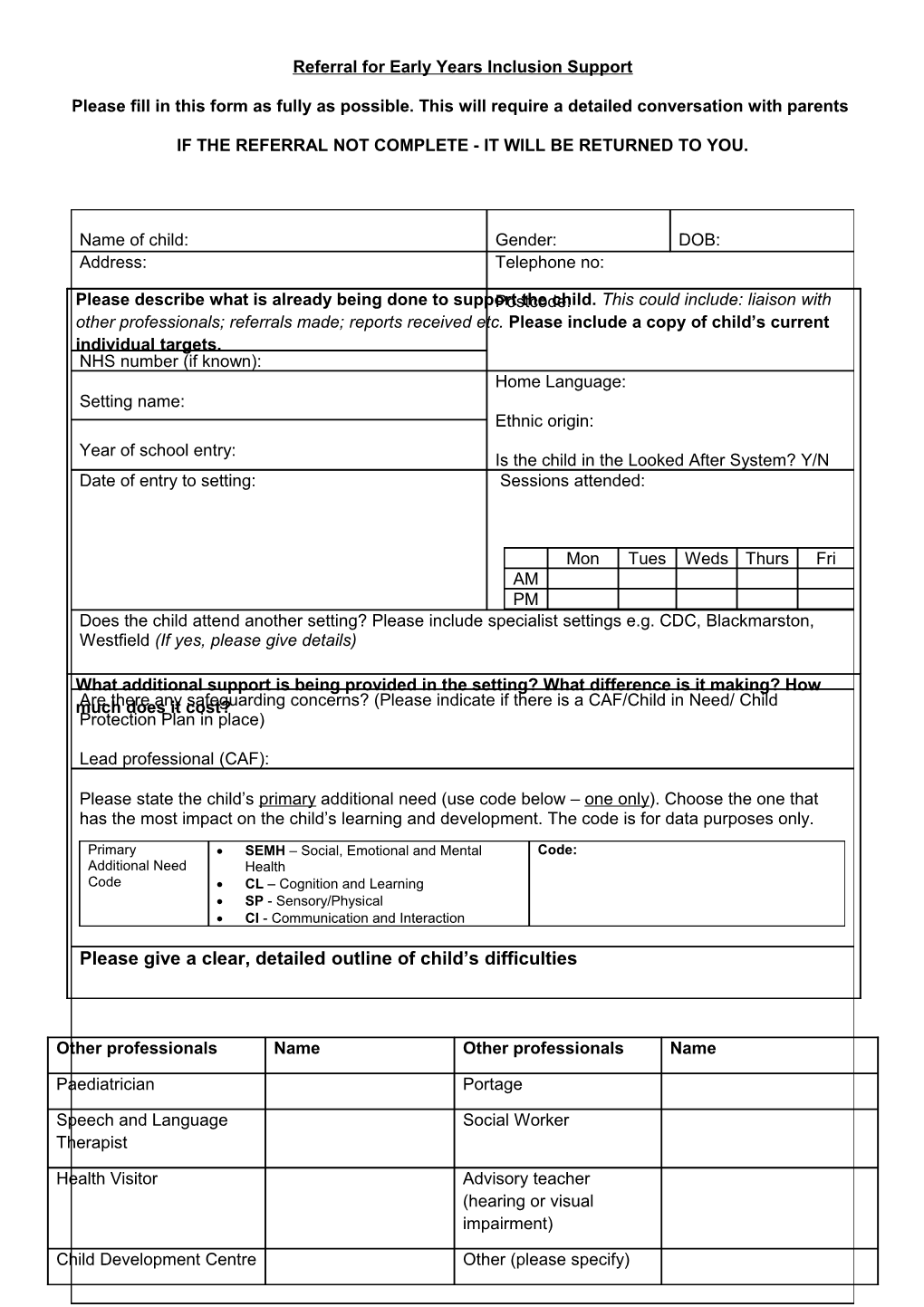 Early Years Inclusion Support Referral Form