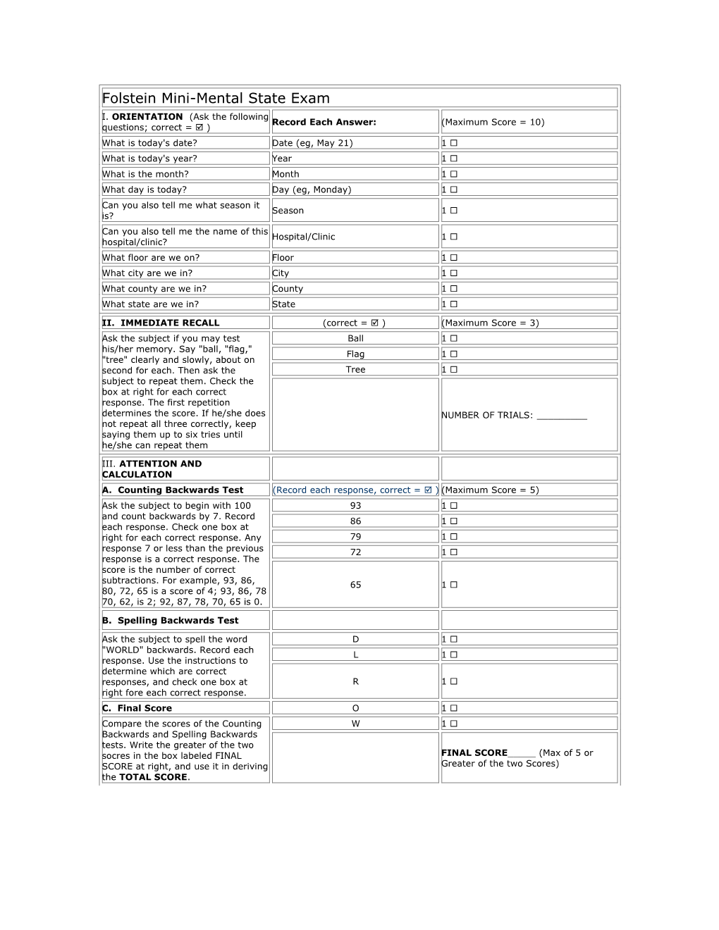 Folstein Mini-Mental State Exam