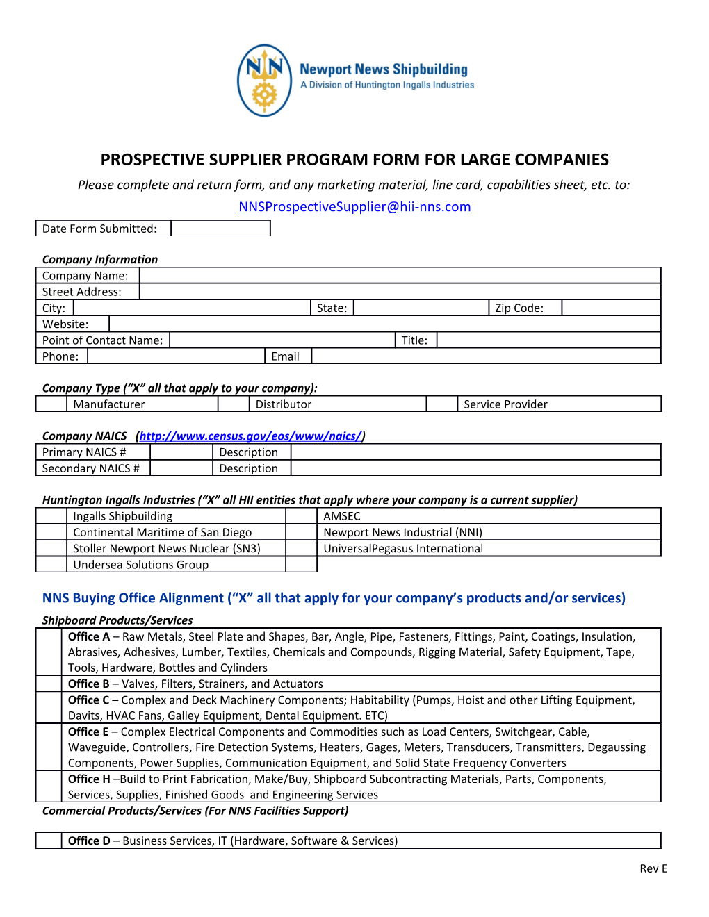 Prospective Supplier Program Form for Large Companies