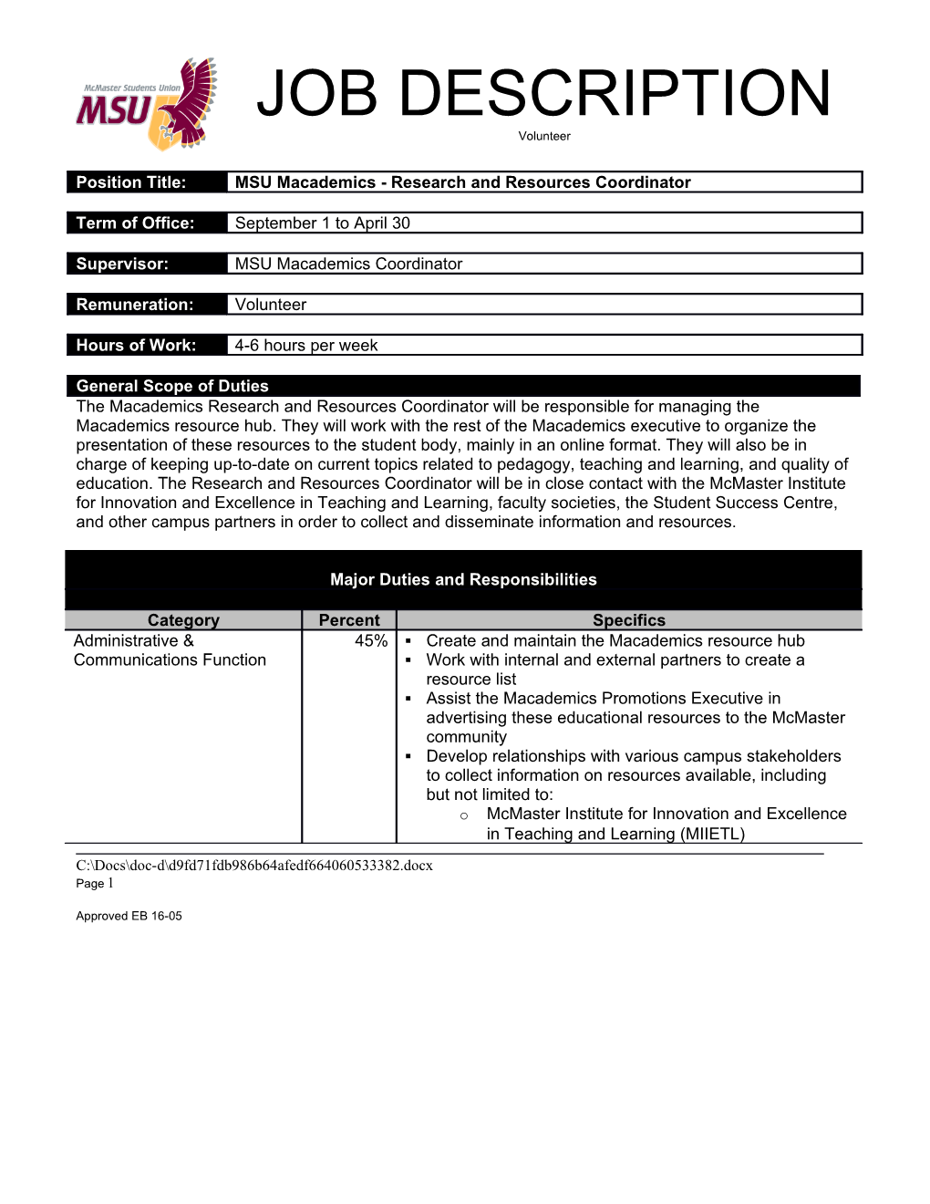 MSU Macademics Research & Resources Coordinator Job Description