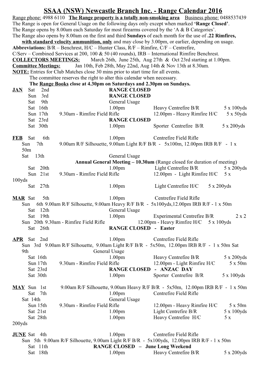 SSAA (NSW) Newcastle Branch Inc. - Range Calendar 2016