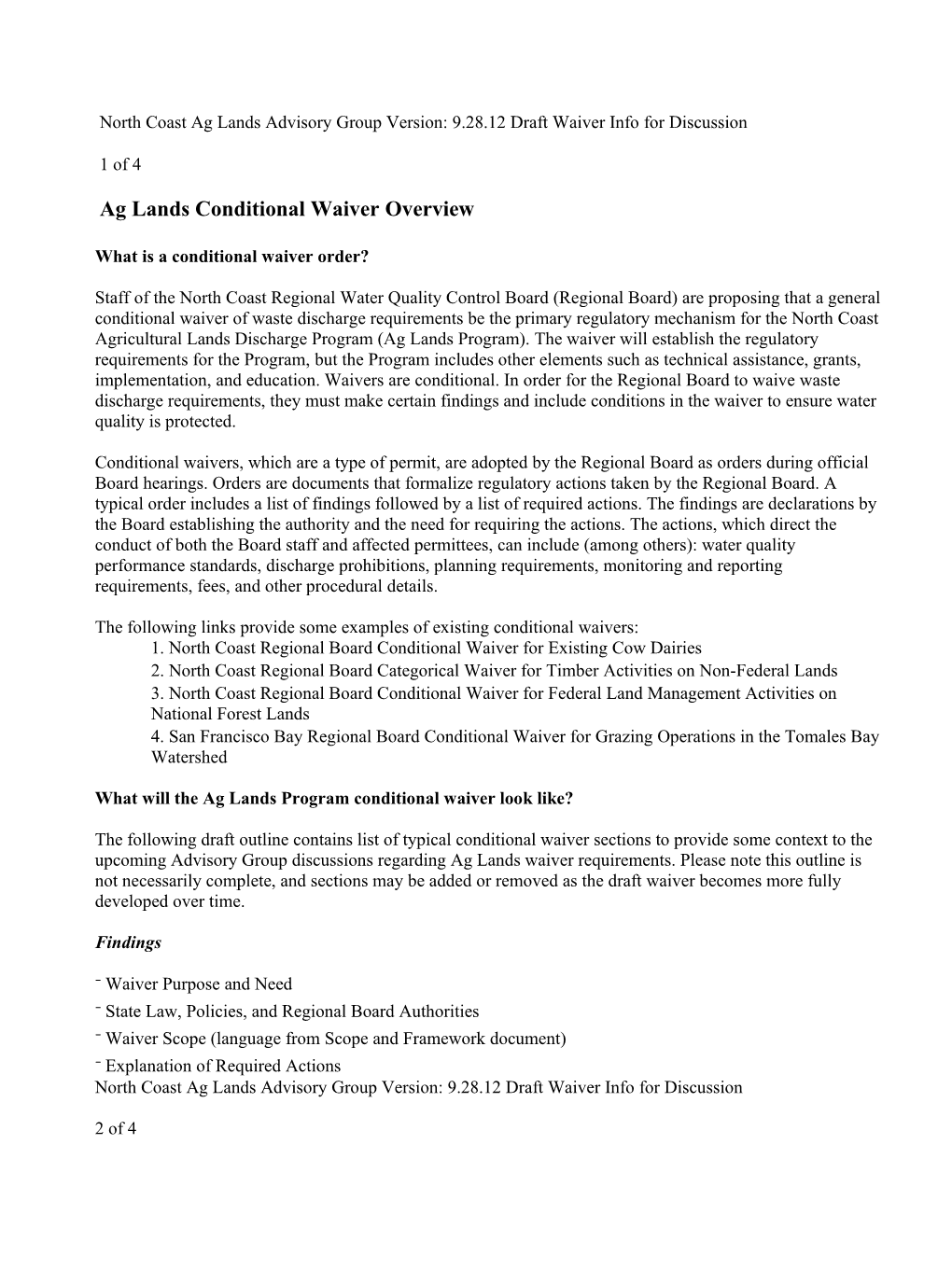 North Coast Ag Lands Advisory Group Version: 9.28.12 Draft Waiver Info for Discussion