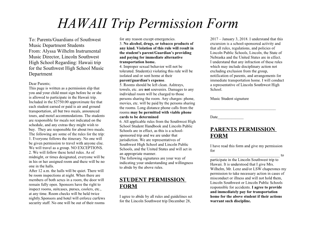 HAWAII Trip Permission Form