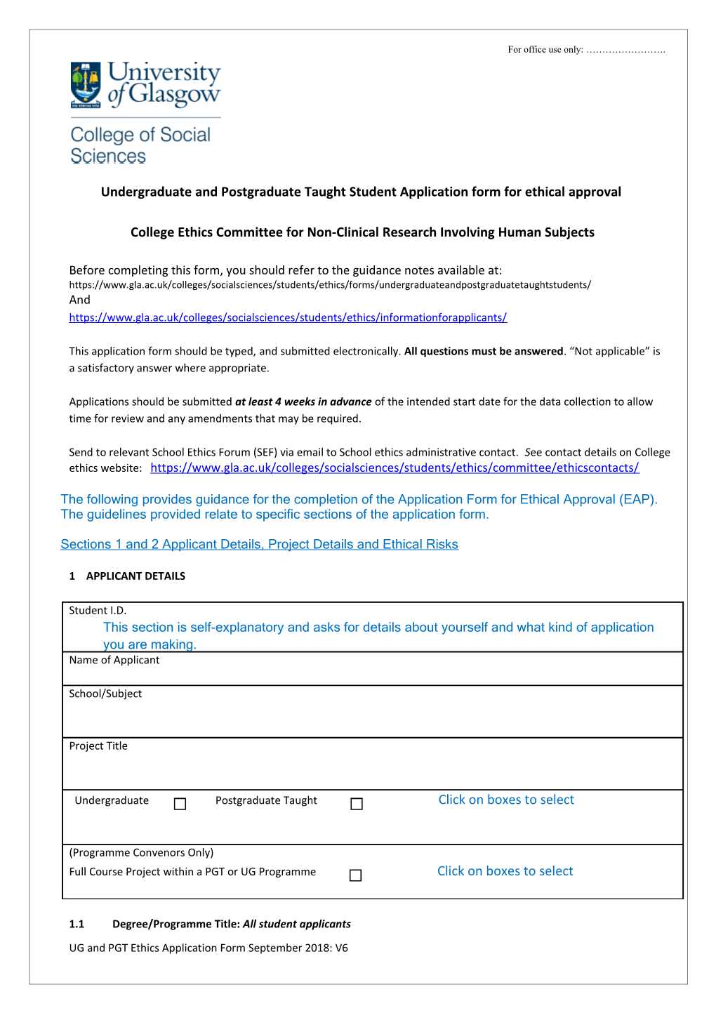 Undergraduate and Postgraduate Taught Student Application Form for Ethical Approval