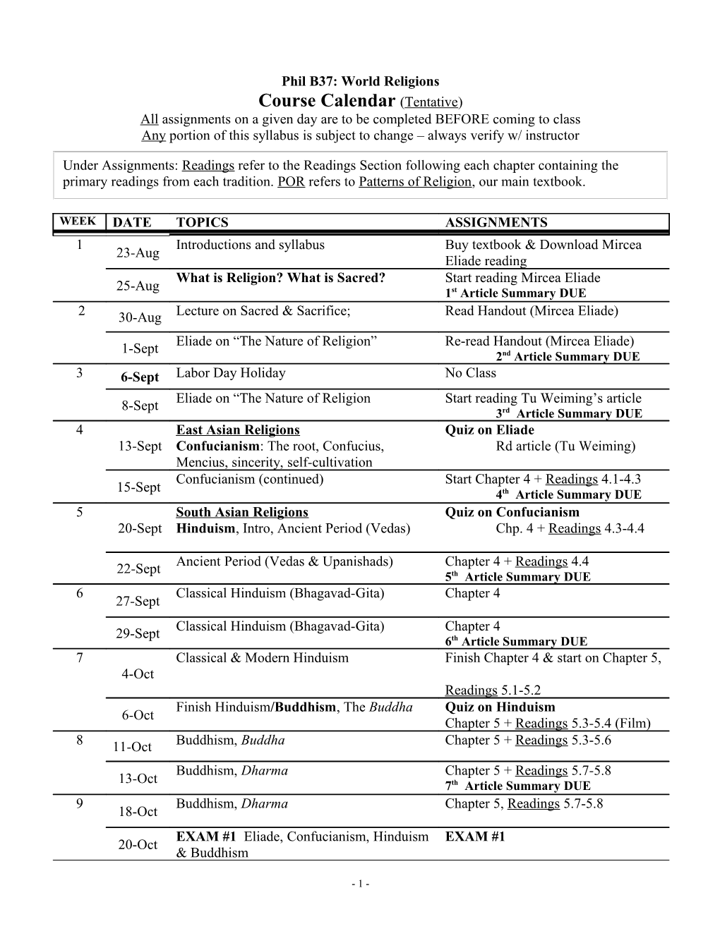 Course Calendar (Tentative)