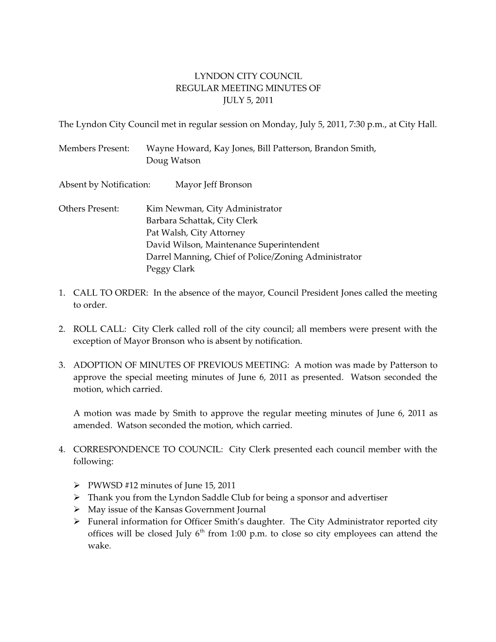 Regular Council Minutes of July 5, 2011