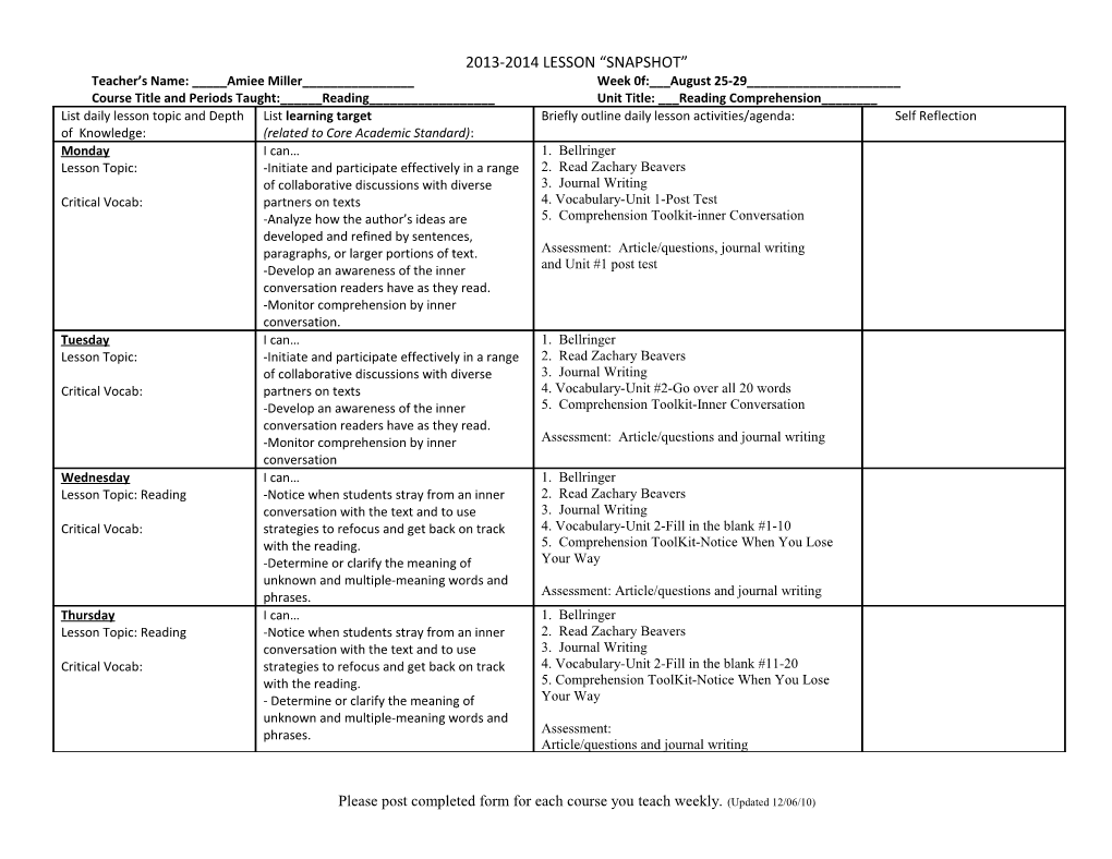 2013-2014 Lesson Snapshot