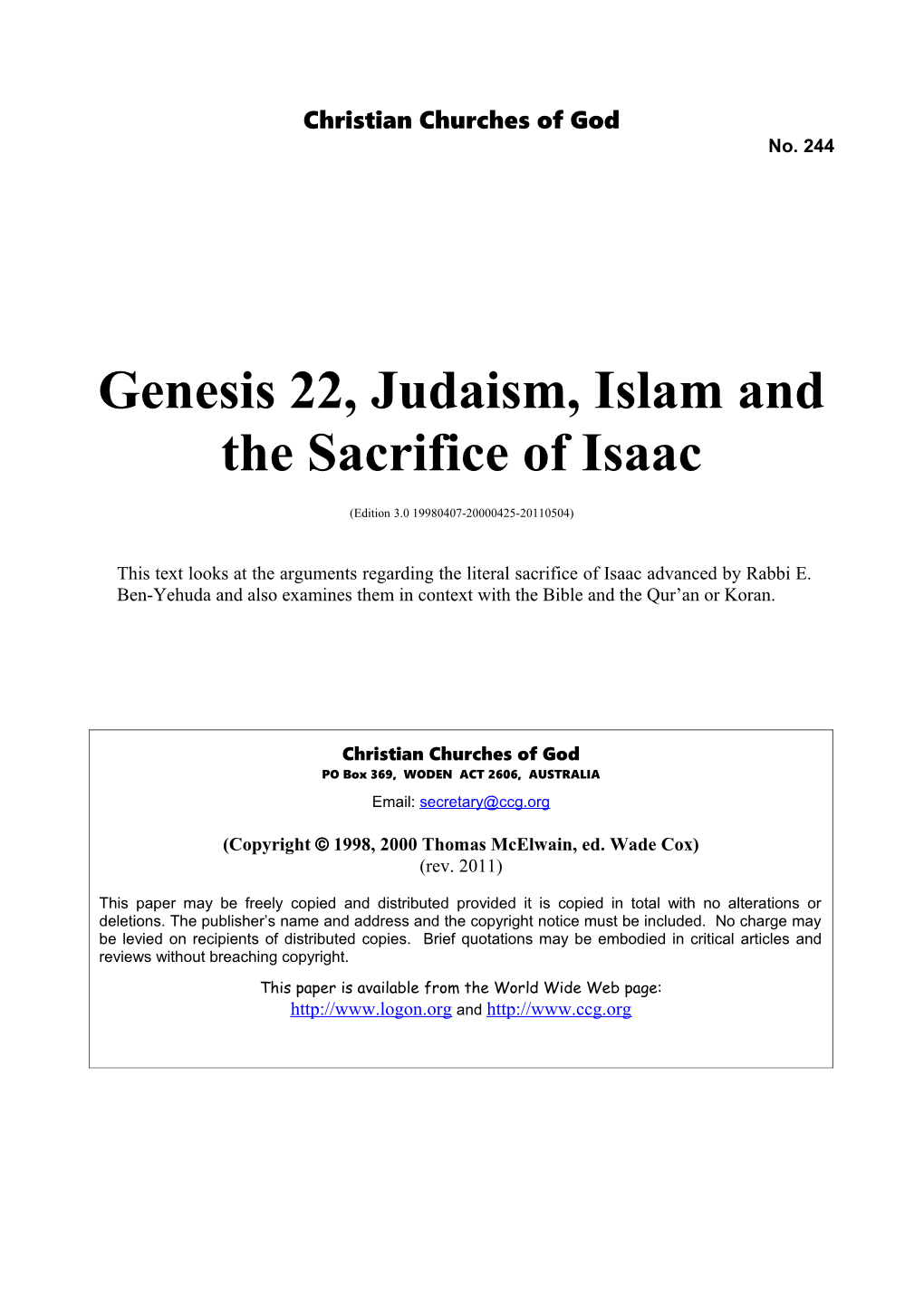 Genesis 22, Judaism, Islam and the Sacrifice of Isaac (No. 244)
