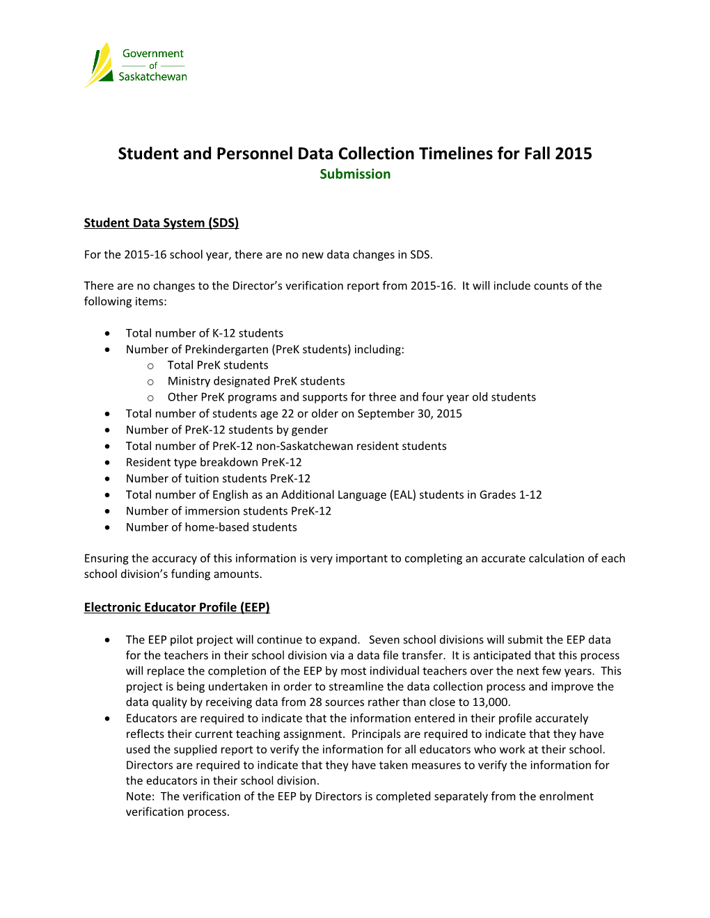Student and Personnel Data Collection Timelines for Fall 2015