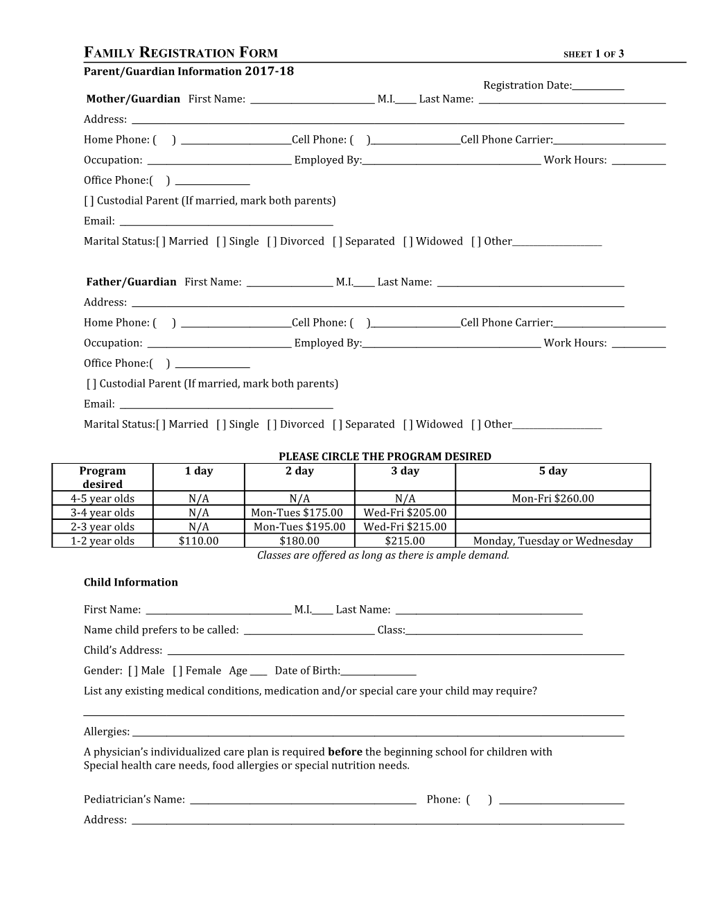 Family Registration Form Sheet 1 of 3