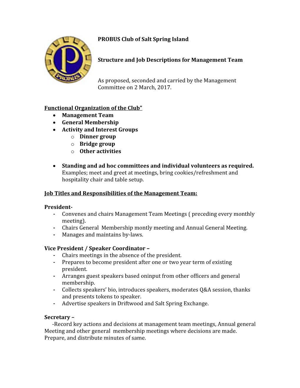 Structure and Job Descriptions for Management Team
