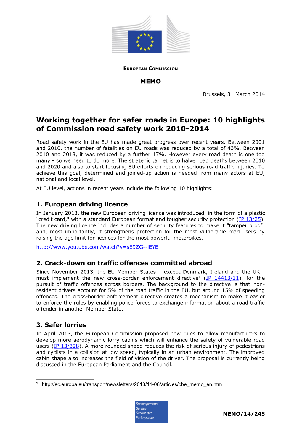 Working Together for Safer Roads in Europe: 10 Highlights of Commission Road Safety Work